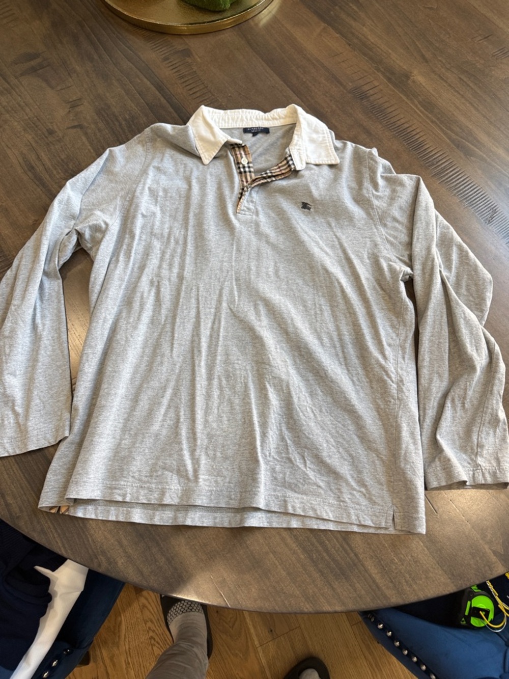Burberry Light Gray Long Sleeve Polo with Check Collar